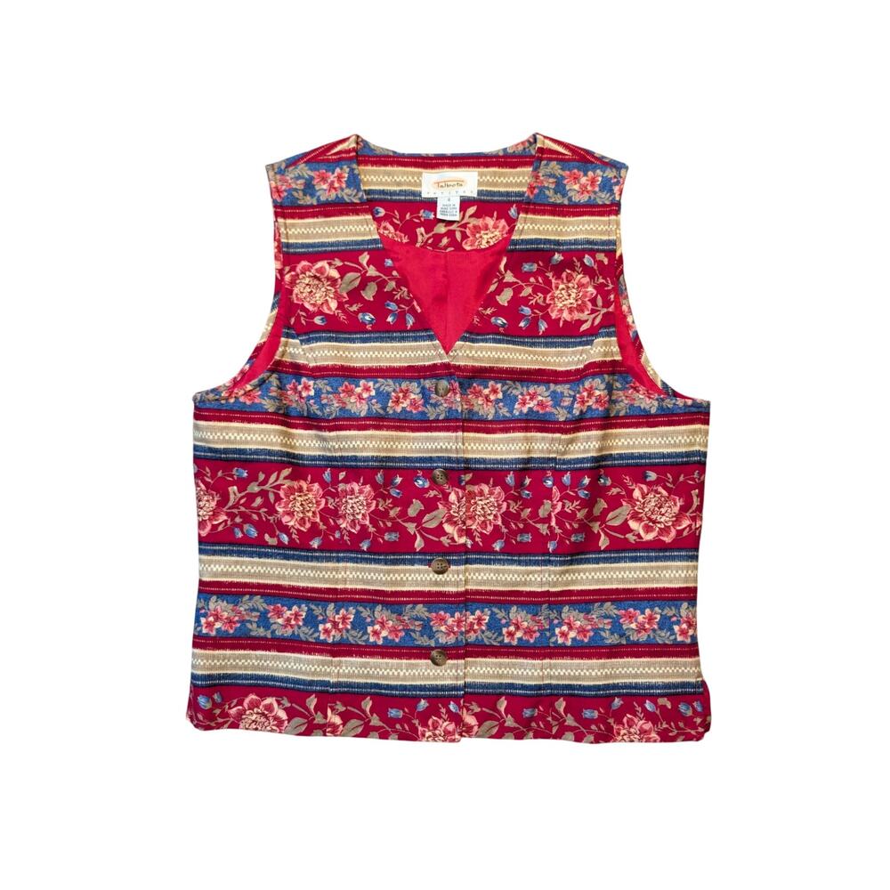 Talbots Petites Women's Vintage Cotton Floral Striped Vest Lined Red Size S